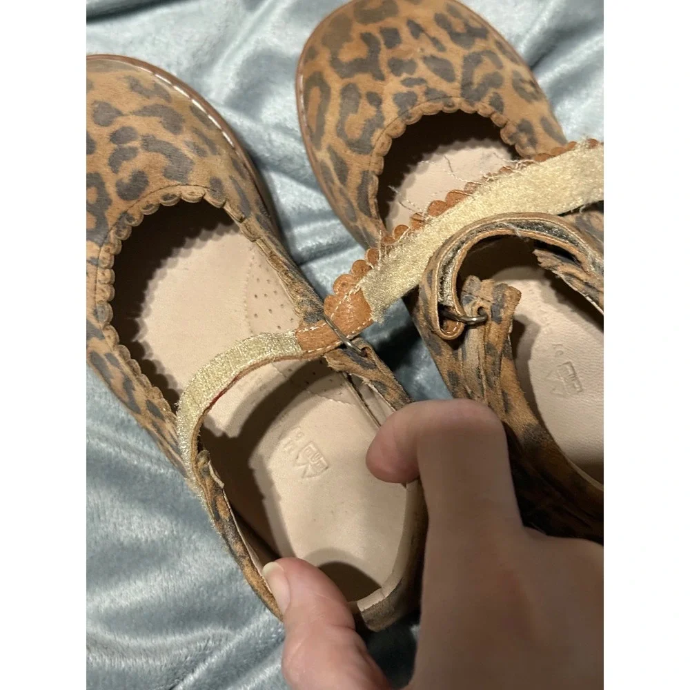 ELEPHANTITO Girl Scalloped Leather Mary Jane Leopard Brown Size 11.5 Hook & Loop